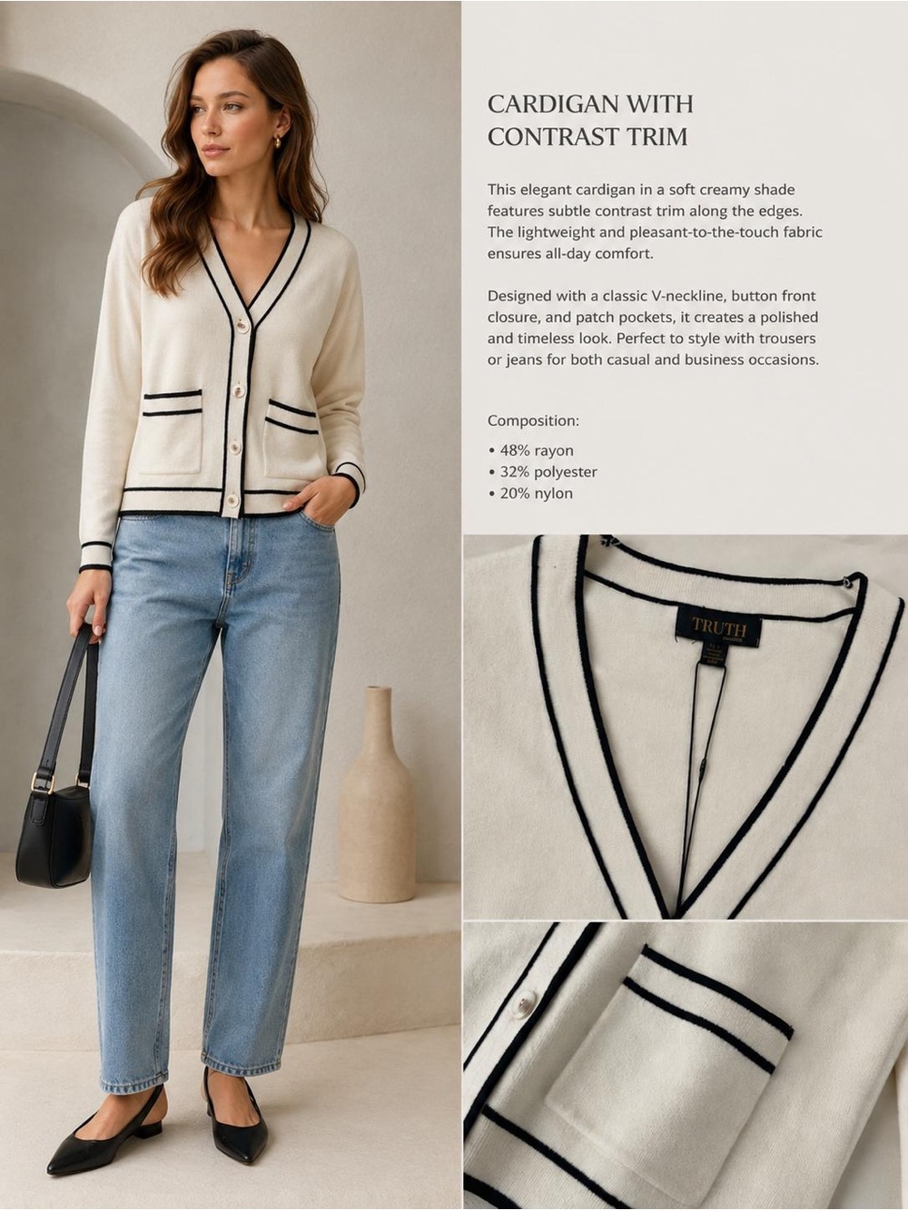 Truth Cream Cardigan with Black Contrast Trim